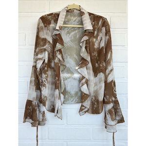 Commense Women's Large Brown Ruffled Modern Vintage-Infused Bell Sleeved Blouse